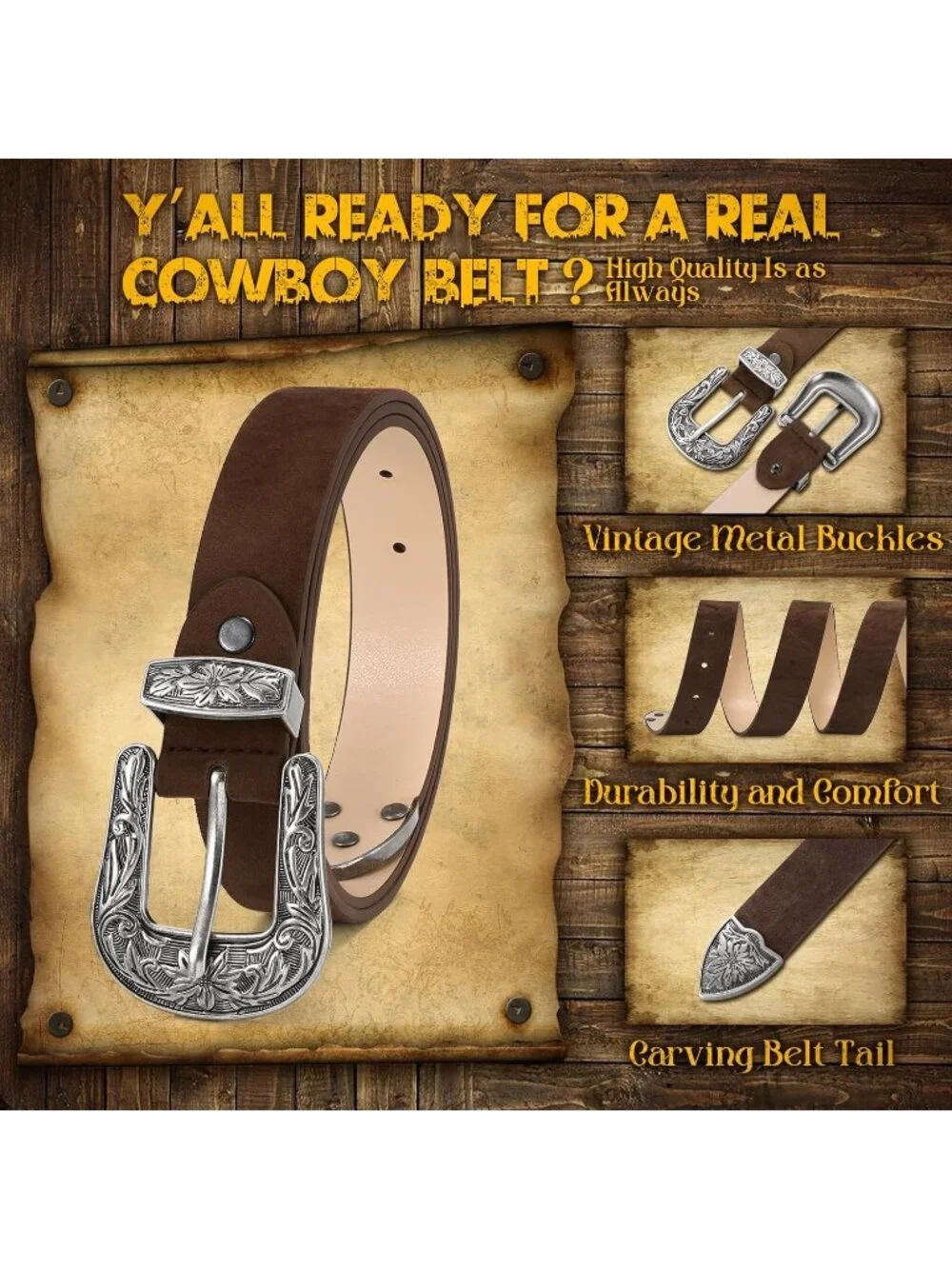 Women's Coffee(suede) Leather Waist Belt Vintage Western Design Silver Buckle